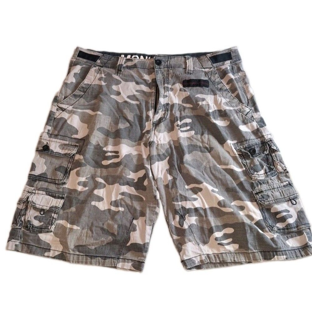 Monument Camo Cargo Shorts Mens Grey White Urban Camouflage Multi Pocket Size 34